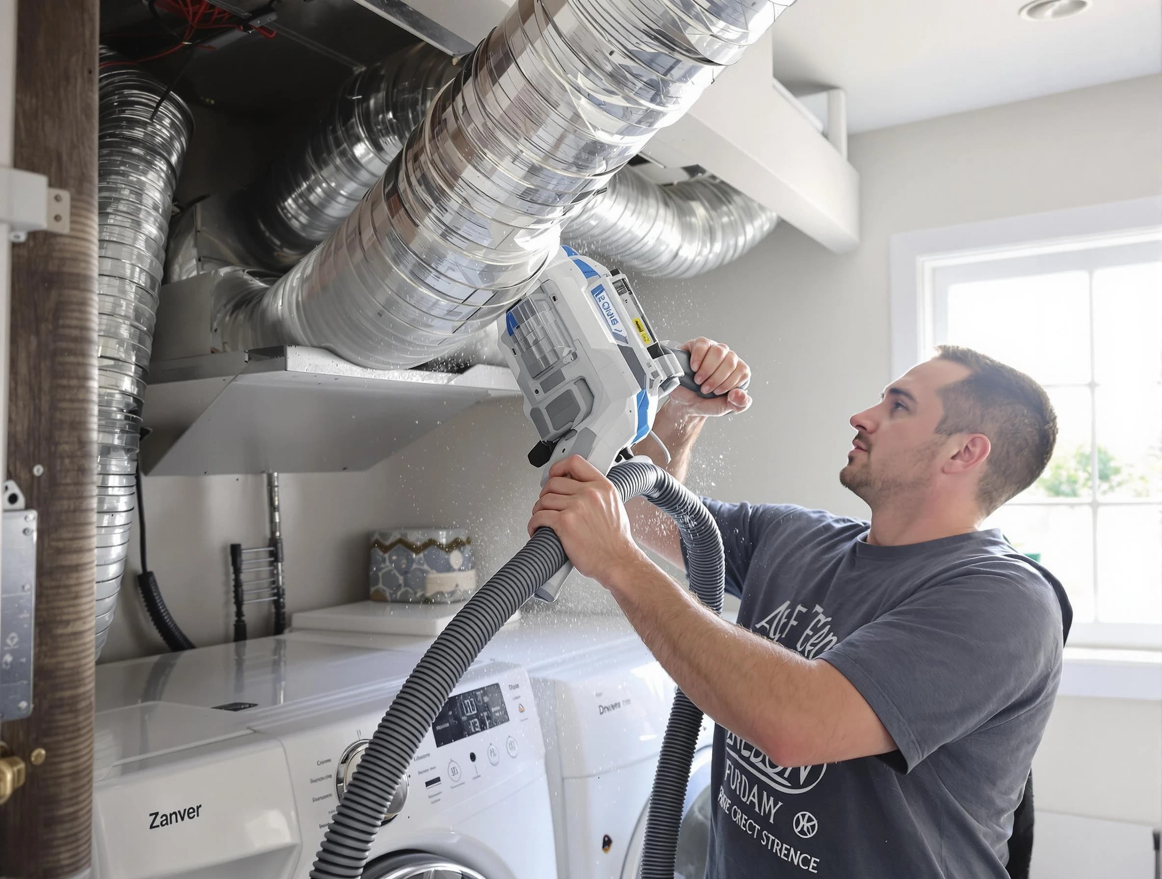 Brentwood Dryer Vent Cleaning specialist cleaning deep within a dryer vent duct system in Brentwood