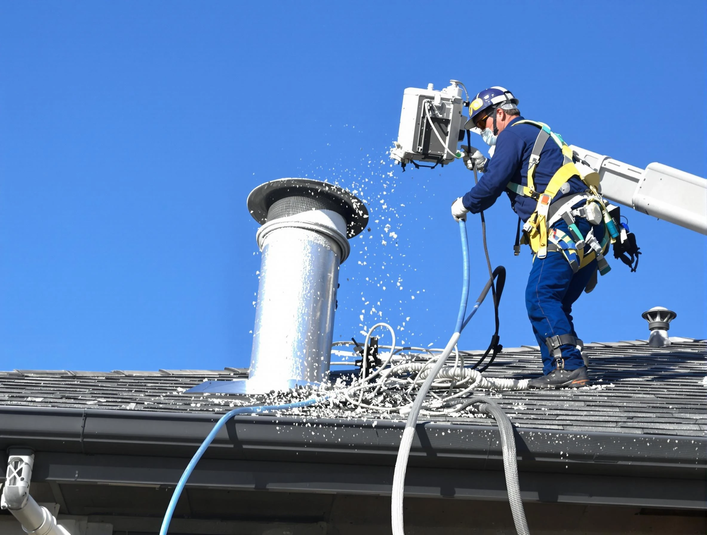 Brentwood Dryer Vent Cleaning certified technician safely cleaning a roof-mounted dryer vent in Brentwood
